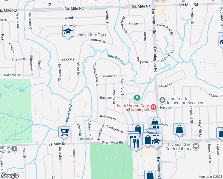 map of restaurants, bars, coffee shops, grocery stores, and more near 34030 North Hampshire in Livonia