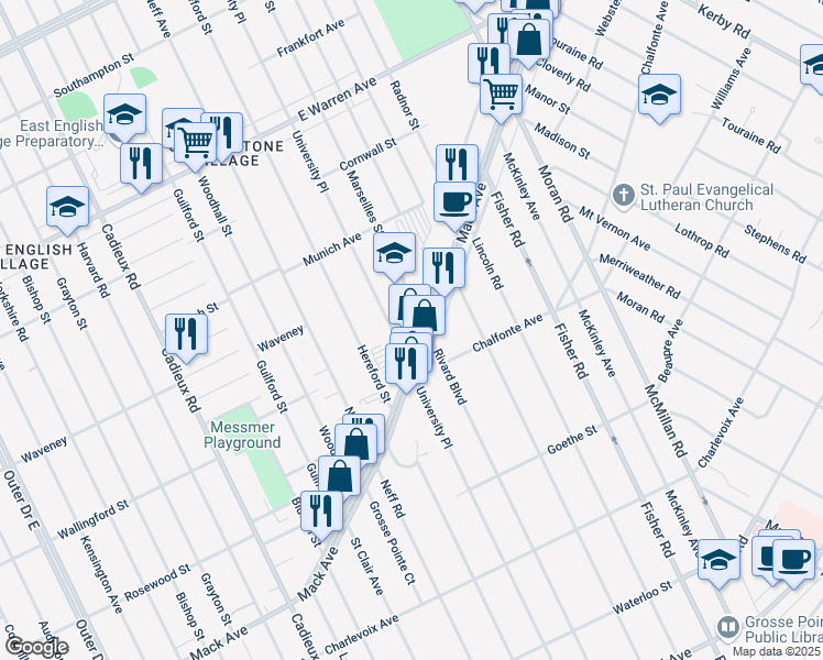 map of restaurants, bars, coffee shops, grocery stores, and more near 17801-17949 Mack Avenue in Detroit