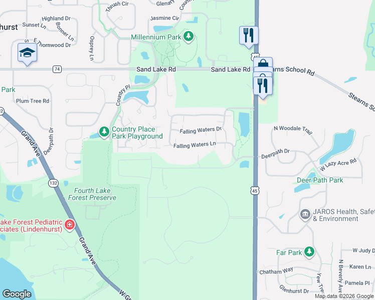 map of restaurants, bars, coffee shops, grocery stores, and more near 3123 Falling Waters Lane in Lindenhurst