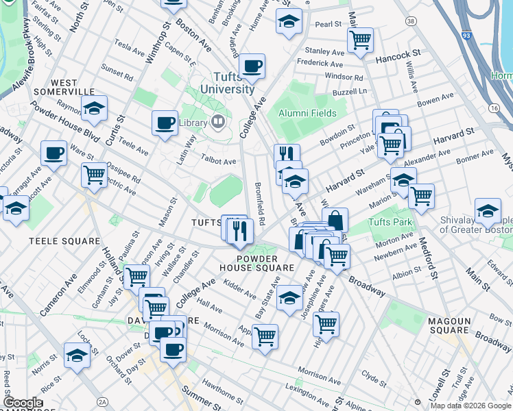 map of restaurants, bars, coffee shops, grocery stores, and more near 66 Bromfield Road in Somerville