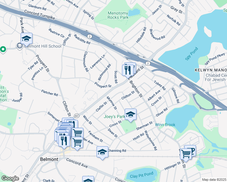 map of restaurants, bars, coffee shops, grocery stores, and more near 400 Pleasant Street in Belmont