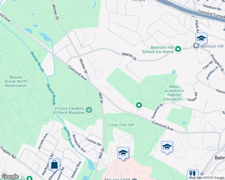 map of restaurants, bars, coffee shops, grocery stores, and more near 38 Audubon Lane in Belmont