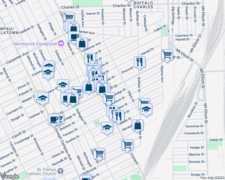 map of restaurants, bars, coffee shops, grocery stores, and more near 3935 Caniff Street in Hamtramck