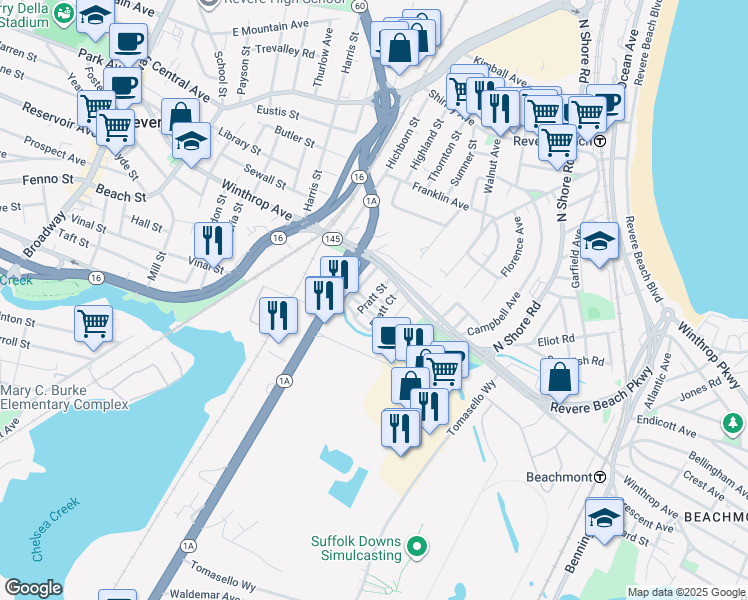 map of restaurants, bars, coffee shops, grocery stores, and more near 21 Revere Beach Boulevard in Revere