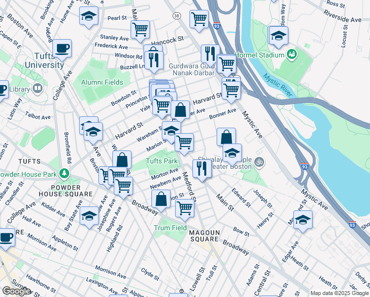 map of restaurants, bars, coffee shops, grocery stores, and more near 21 Mayberry Avenue in Medford
