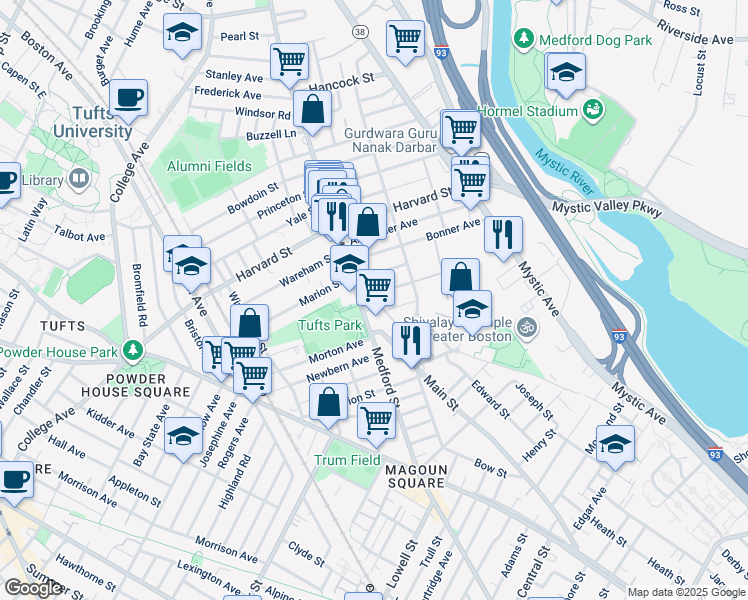 map of restaurants, bars, coffee shops, grocery stores, and more near 21 Mayberry Avenue in Medford
