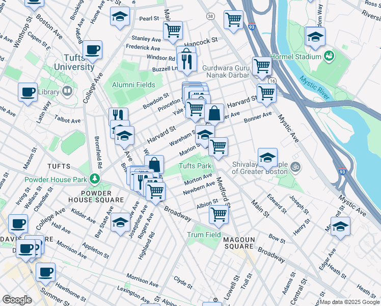 map of restaurants, bars, coffee shops, grocery stores, and more near 30 Wareham Street in Medford