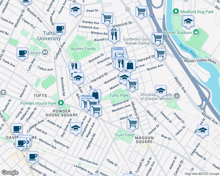 map of restaurants, bars, coffee shops, grocery stores, and more near 30 Wareham Street in Medford