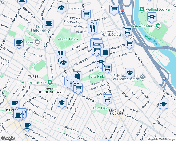 map of restaurants, bars, coffee shops, grocery stores, and more near 30 Wareham Street in Medford