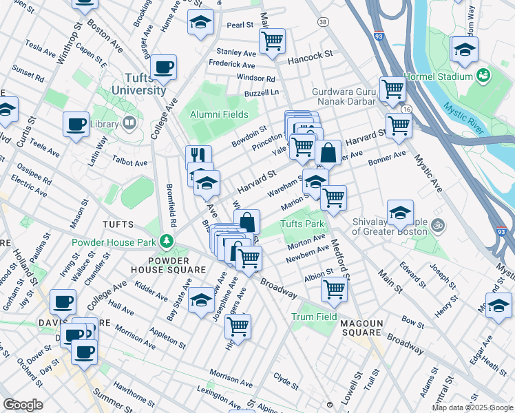 map of restaurants, bars, coffee shops, grocery stores, and more near 53 Wareham Street in Medford