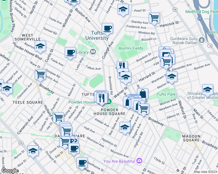 map of restaurants, bars, coffee shops, grocery stores, and more near 66 Bromfield Road in Somerville
