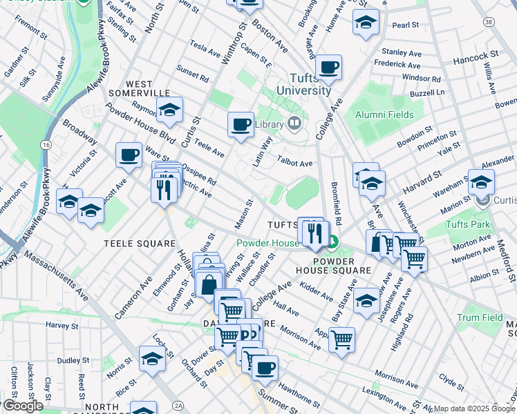 map of restaurants, bars, coffee shops, grocery stores, and more near 30 Lower Campus Road in Somerville
