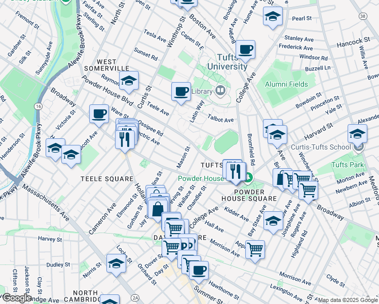 map of restaurants, bars, coffee shops, grocery stores, and more near 30 Lower Campus Road in Somerville