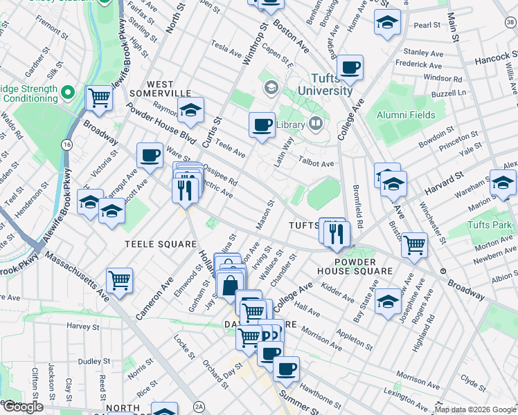 map of restaurants, bars, coffee shops, grocery stores, and more near 23 Ossipee Road in Somerville