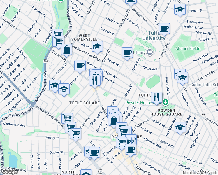 map of restaurants, bars, coffee shops, grocery stores, and more near 22 Lovell Street in Somerville