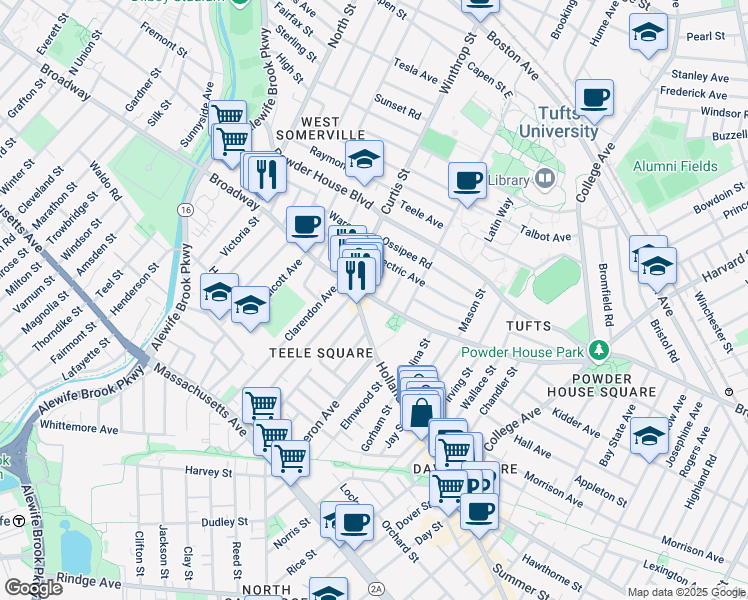 map of restaurants, bars, coffee shops, grocery stores, and more near 22 Lovell Street in Somerville