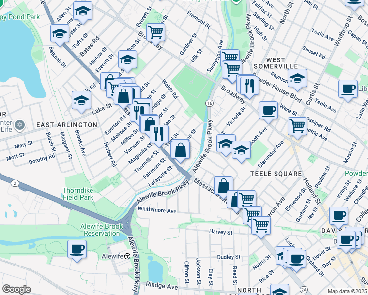 map of restaurants, bars, coffee shops, grocery stores, and more near 45 Henderson Street in Arlington