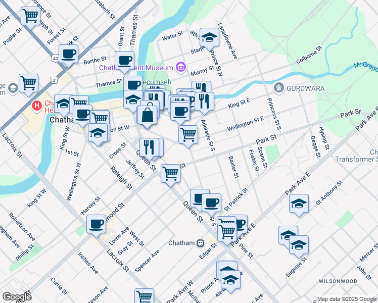 map of restaurants, bars, coffee shops, grocery stores, and more near 4 Wellington Street East in Chatham