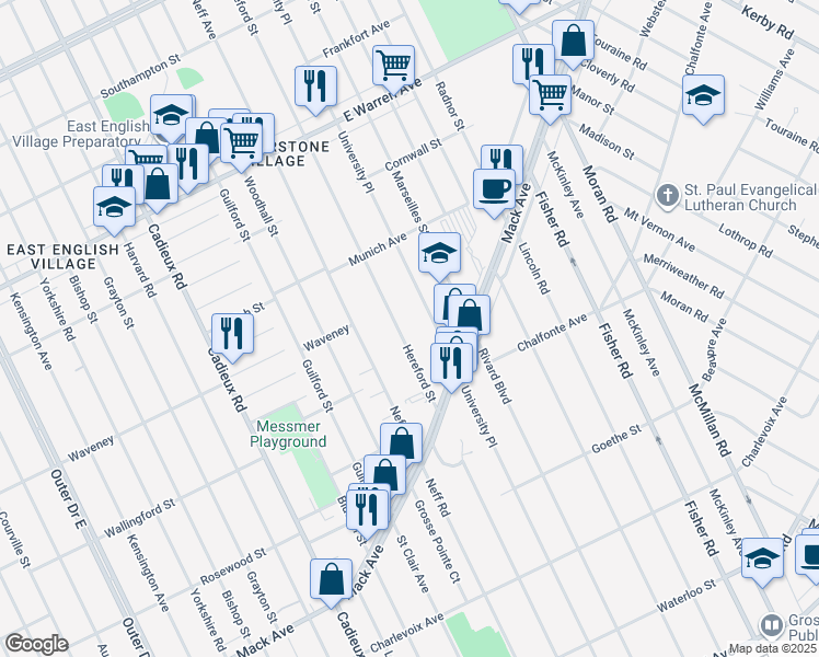 map of restaurants, bars, coffee shops, grocery stores, and more near 4144 Hereford Street in Detroit