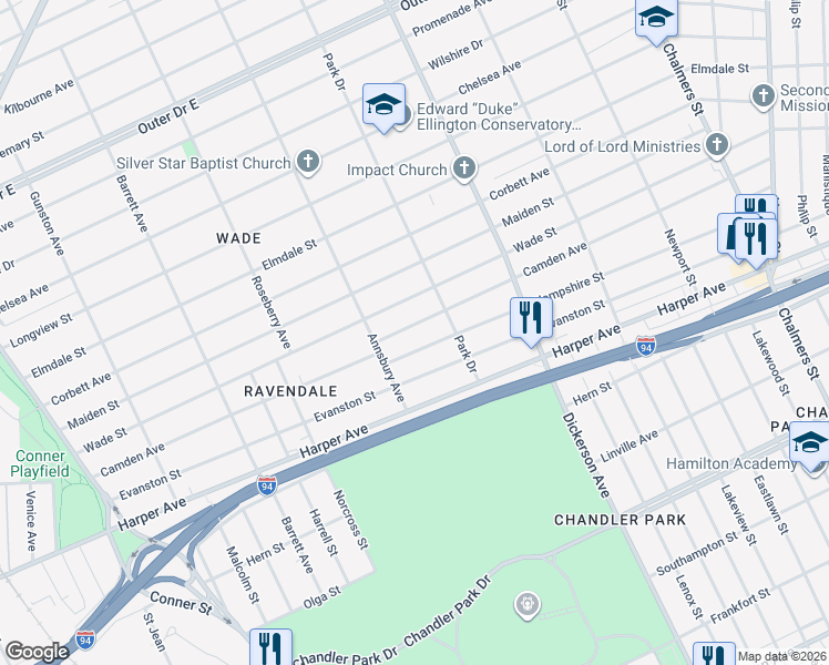map of restaurants, bars, coffee shops, grocery stores, and more near 12584 Wade Street in Detroit