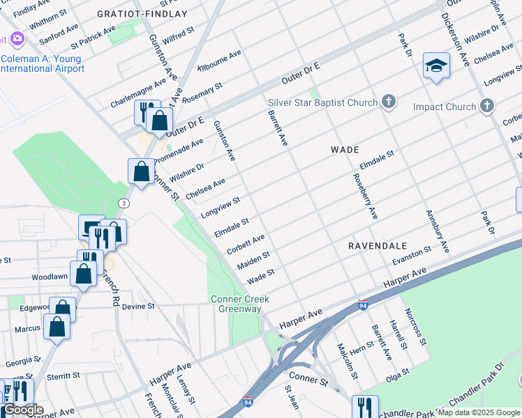 map of restaurants, bars, coffee shops, grocery stores, and more near 11720 Longview Street in Detroit