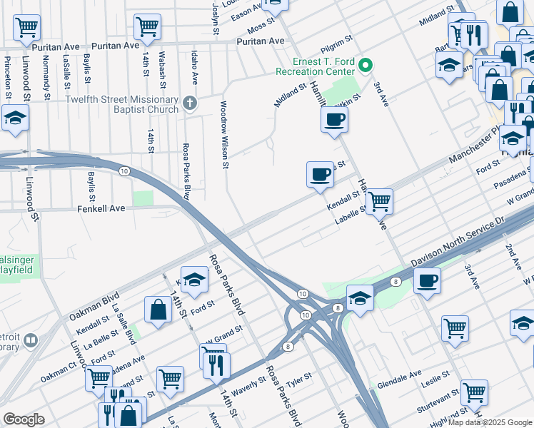 map of restaurants, bars, coffee shops, grocery stores, and more near 850 Oakman Boulevard in Detroit