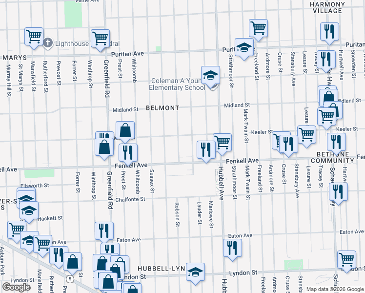 map of restaurants, bars, coffee shops, grocery stores, and more near 15377 Robson Street in Detroit