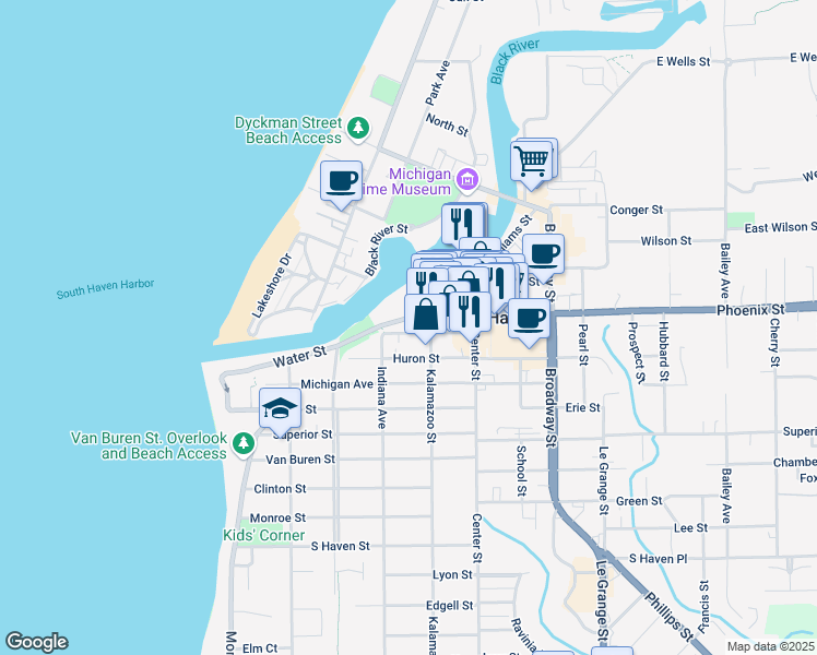map of restaurants, bars, coffee shops, grocery stores, and more near 321 Water Street in South Haven