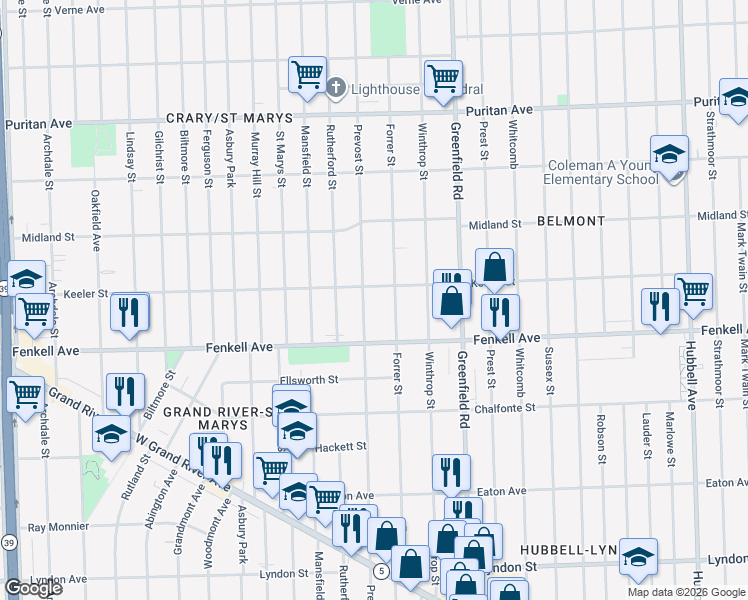 map of restaurants, bars, coffee shops, grocery stores, and more near 15415 Forrer Street in Detroit