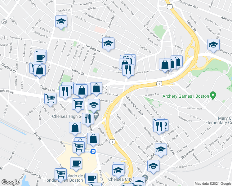 map of restaurants, bars, coffee shops, grocery stores, and more near 19 County Road in Chelsea