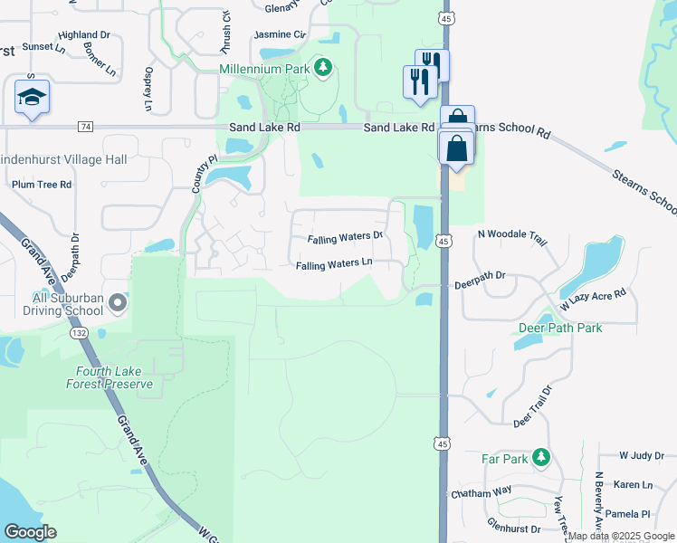 map of restaurants, bars, coffee shops, grocery stores, and more near 3123 Falling Waters Lane in Lindenhurst