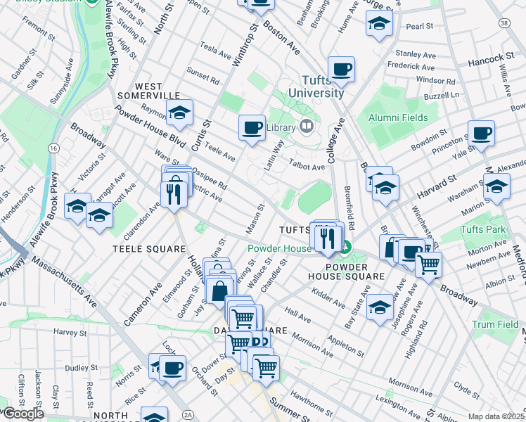 map of restaurants, bars, coffee shops, grocery stores, and more near 45 Mason Street in Somerville