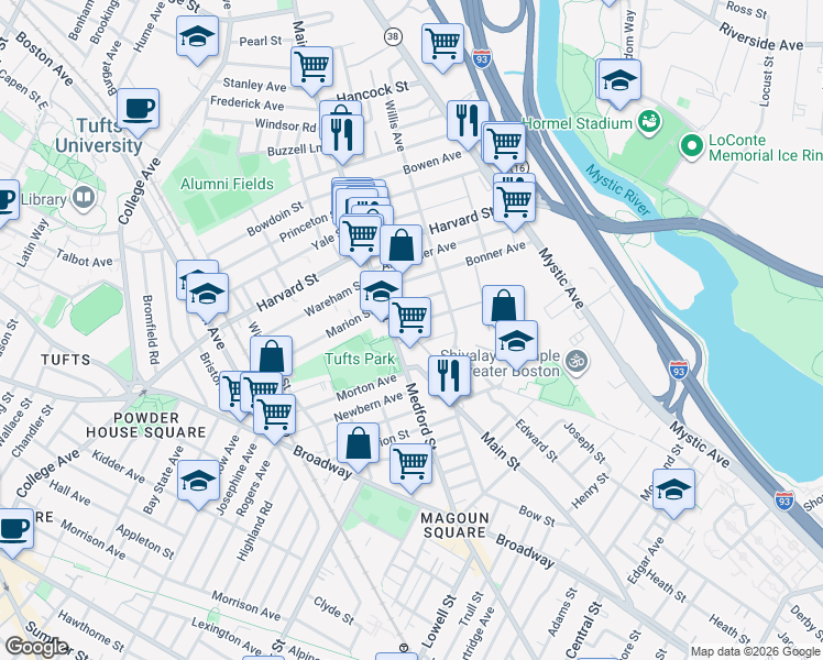 map of restaurants, bars, coffee shops, grocery stores, and more near 21 Mayberry Avenue in Medford