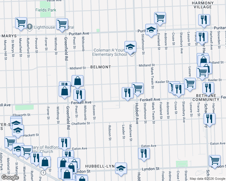 map of restaurants, bars, coffee shops, grocery stores, and more near 15377 Robson Street in Detroit