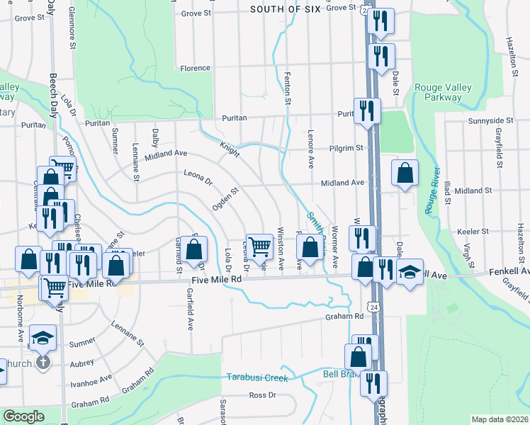 map of restaurants, bars, coffee shops, grocery stores, and more near 15546 Winston in Redford Charter Township