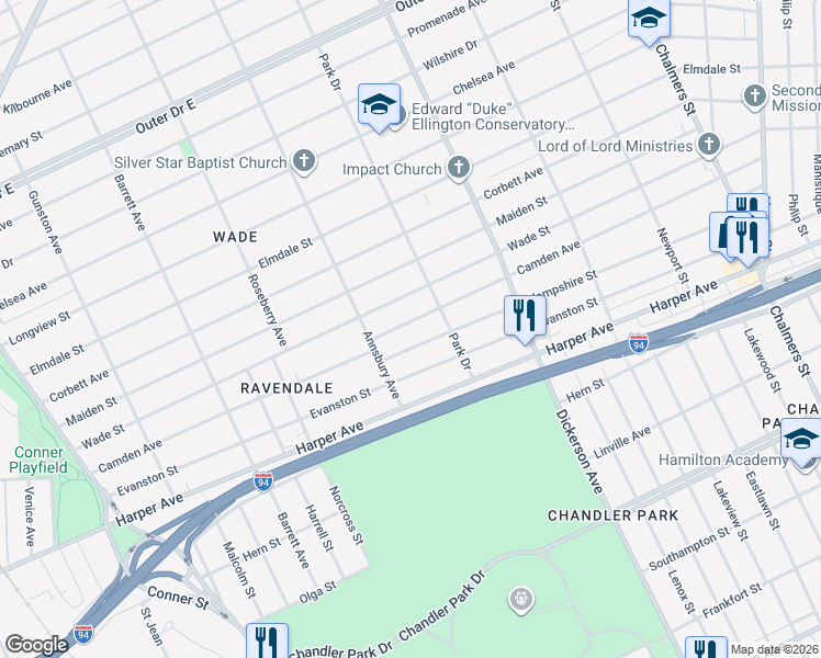 map of restaurants, bars, coffee shops, grocery stores, and more near 12584 Wade Street in Detroit