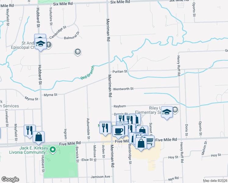 map of restaurants, bars, coffee shops, grocery stores, and more near 31350 Wentworth Street in Livonia