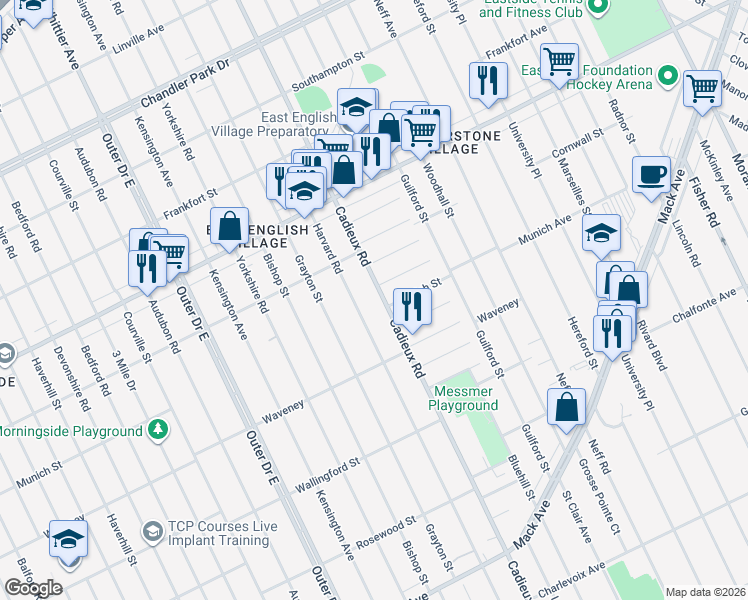 map of restaurants, bars, coffee shops, grocery stores, and more near 17127 Sioux Street in Detroit