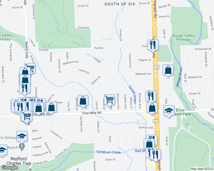 map of restaurants, bars, coffee shops, grocery stores, and more near 15509 Dixie in Redford Charter Township