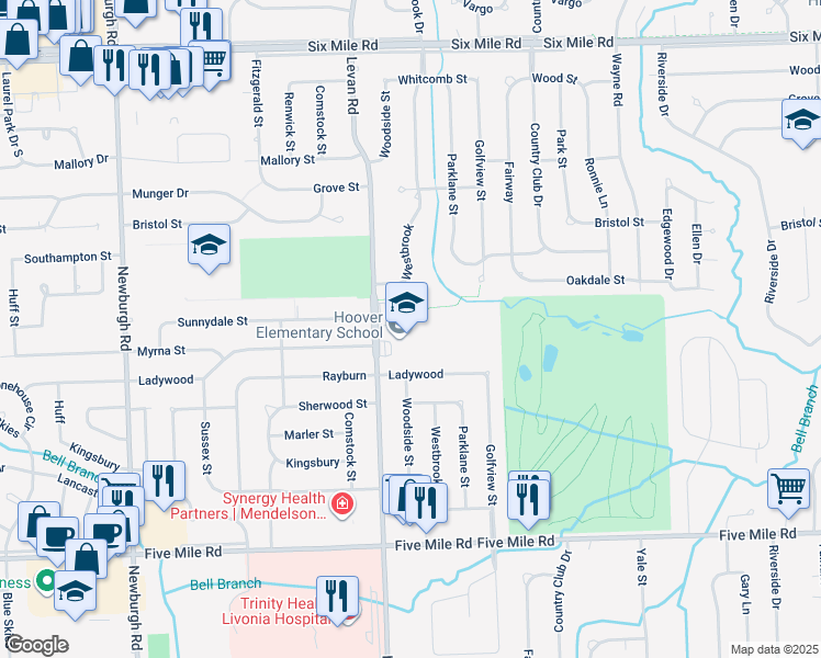 map of restaurants, bars, coffee shops, grocery stores, and more near 15900 Levan Road in Livonia