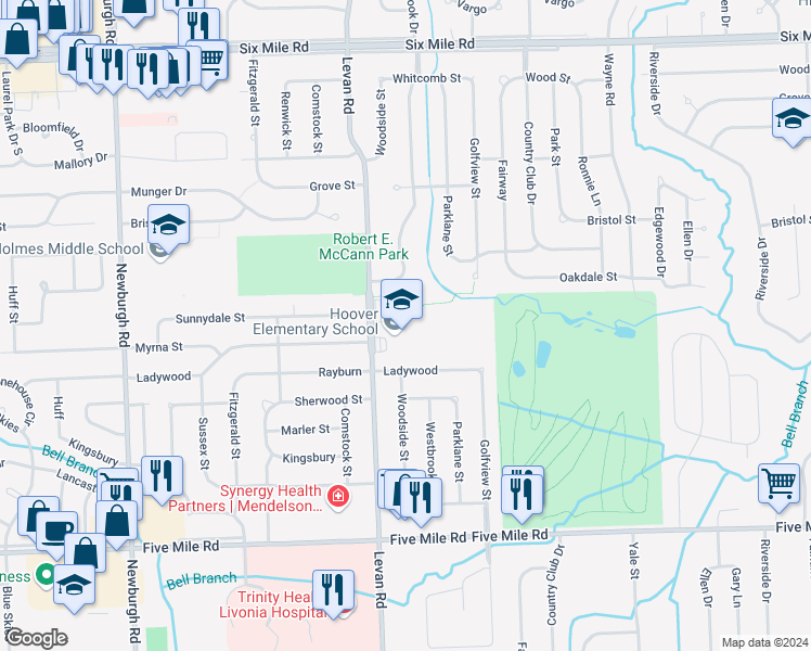 map of restaurants, bars, coffee shops, grocery stores, and more near 15900 Levan Road in Livonia