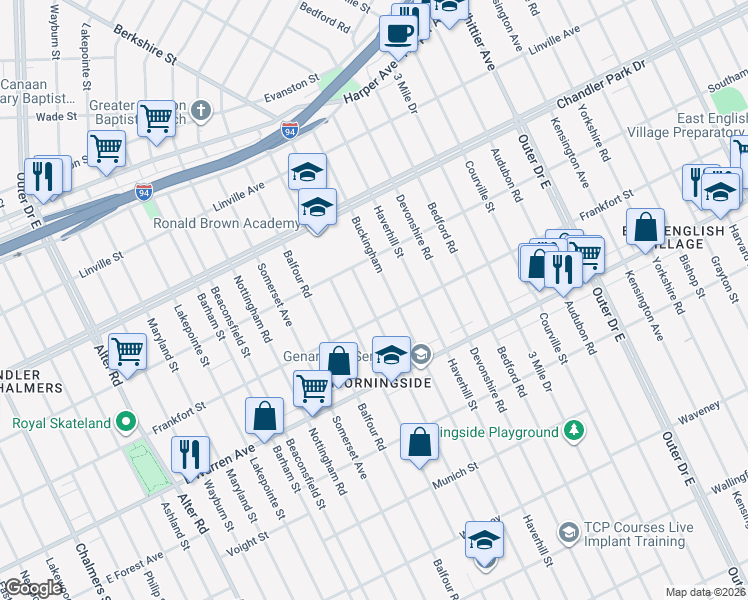 map of restaurants, bars, coffee shops, grocery stores, and more near 5259 Buckingham in Detroit