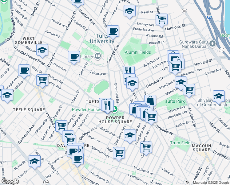 map of restaurants, bars, coffee shops, grocery stores, and more near 66 Bromfield Road in Somerville