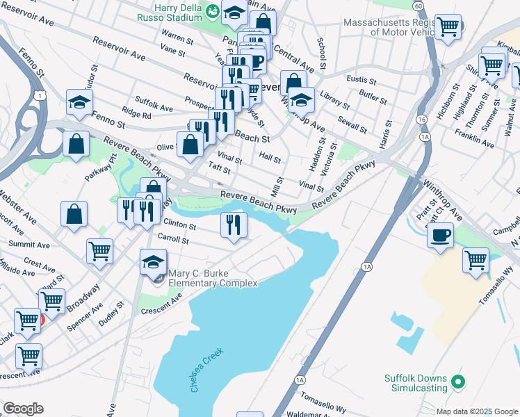 map of restaurants, bars, coffee shops, grocery stores, and more near 783 Revere Beach Parkway in Revere