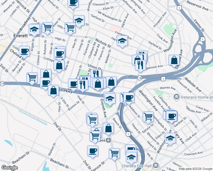 map of restaurants, bars, coffee shops, grocery stores, and more near 31 Reynolds Avenue in Everett