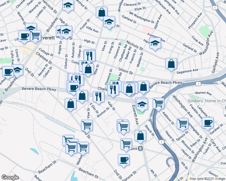 map of restaurants, bars, coffee shops, grocery stores, and more near 14 Luke Road in Everett