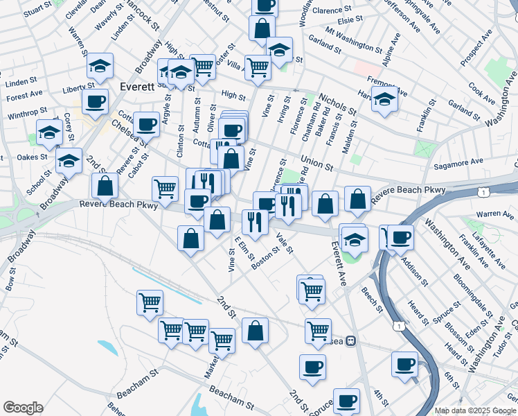 map of restaurants, bars, coffee shops, grocery stores, and more near 9 Irving Street in Everett