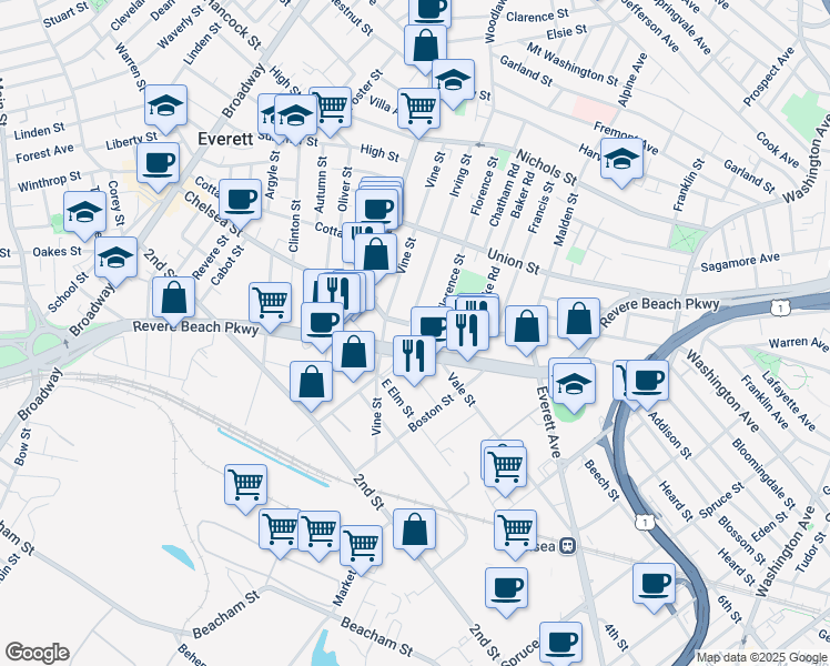 map of restaurants, bars, coffee shops, grocery stores, and more near 9 Irving Street in Everett