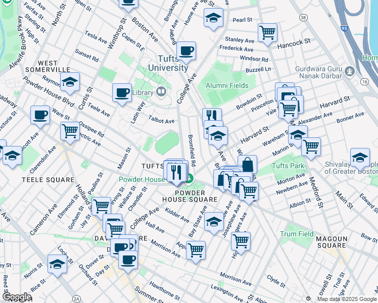 map of restaurants, bars, coffee shops, grocery stores, and more near 66 Bromfield Road in Somerville