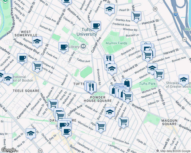 map of restaurants, bars, coffee shops, grocery stores, and more near 66 Bromfield Road in Somerville